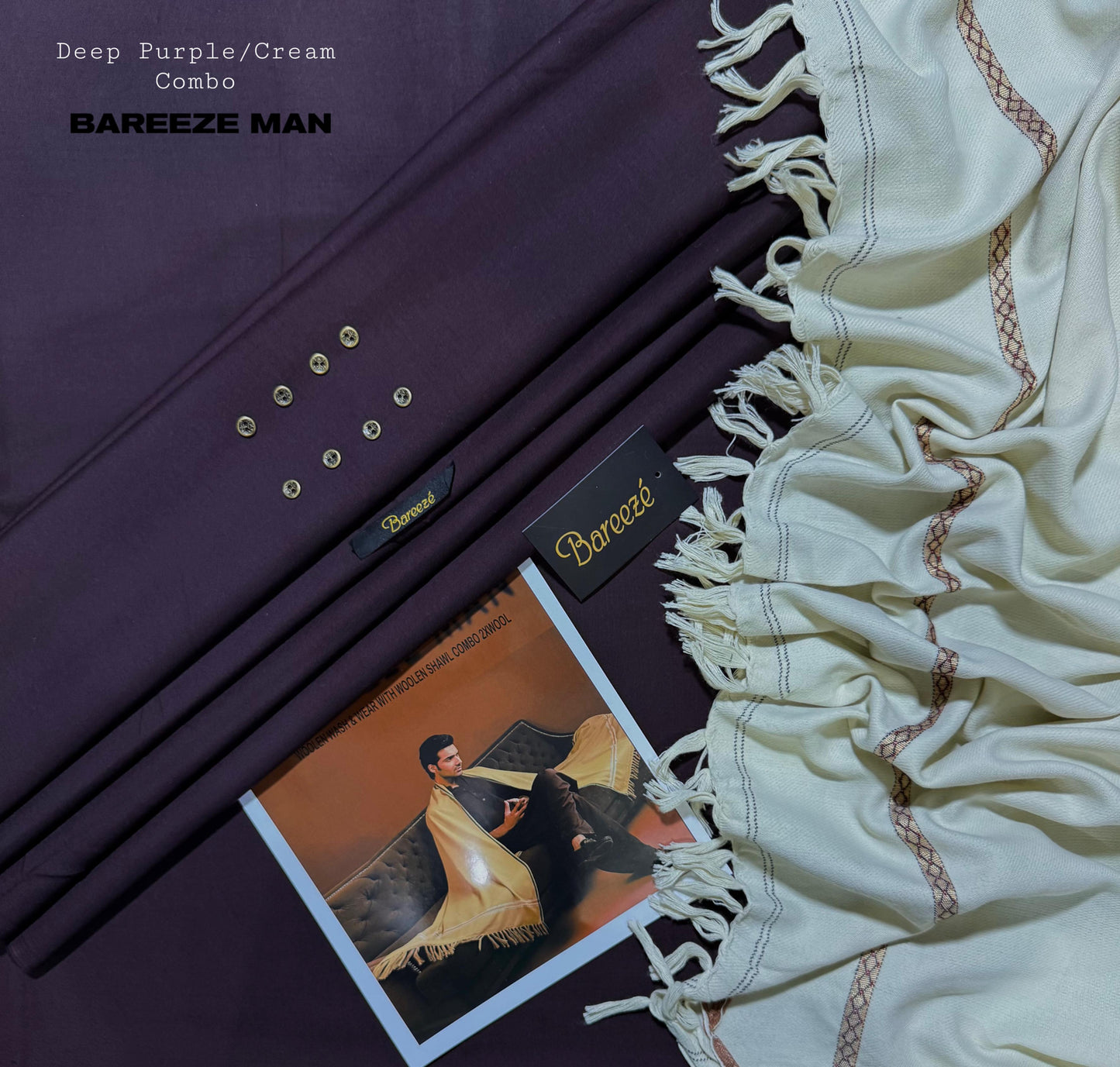 Men’s Premium Woolen Wash&Wear with wool shawl (purple&cream)
