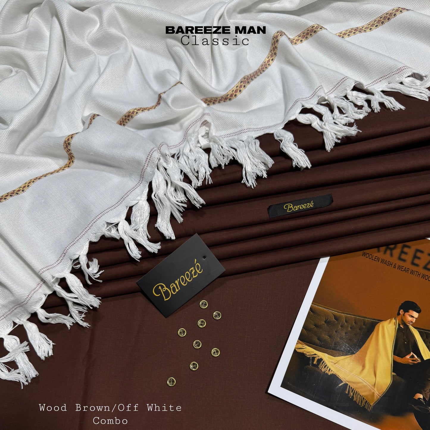 Men’s Premium Woolen Wash&Wear with wool shawl (Wood Brown&off white)