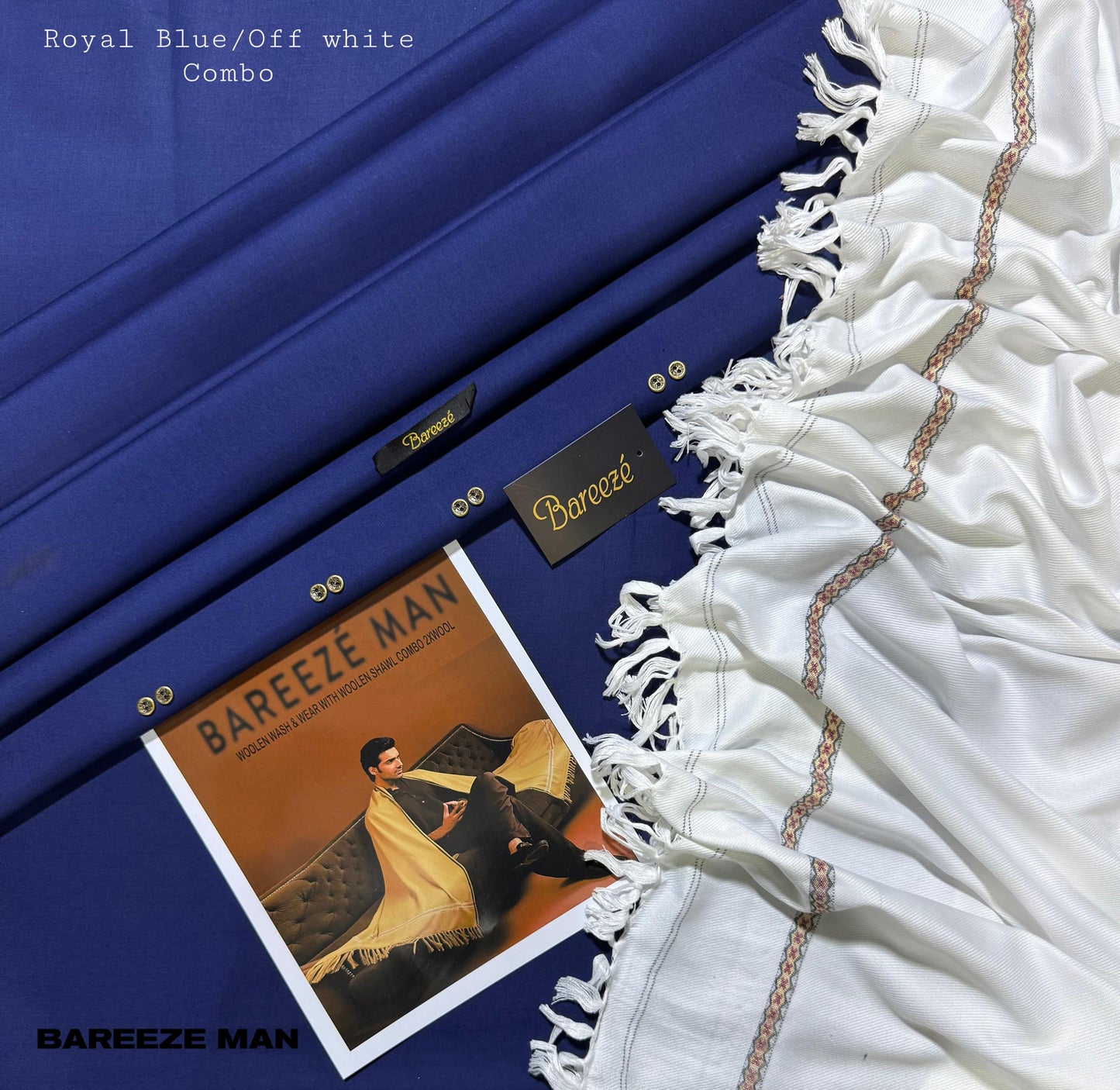 Men’s Premium Woolen Wash&Wear with wool shawl (Royal Blue&off white)