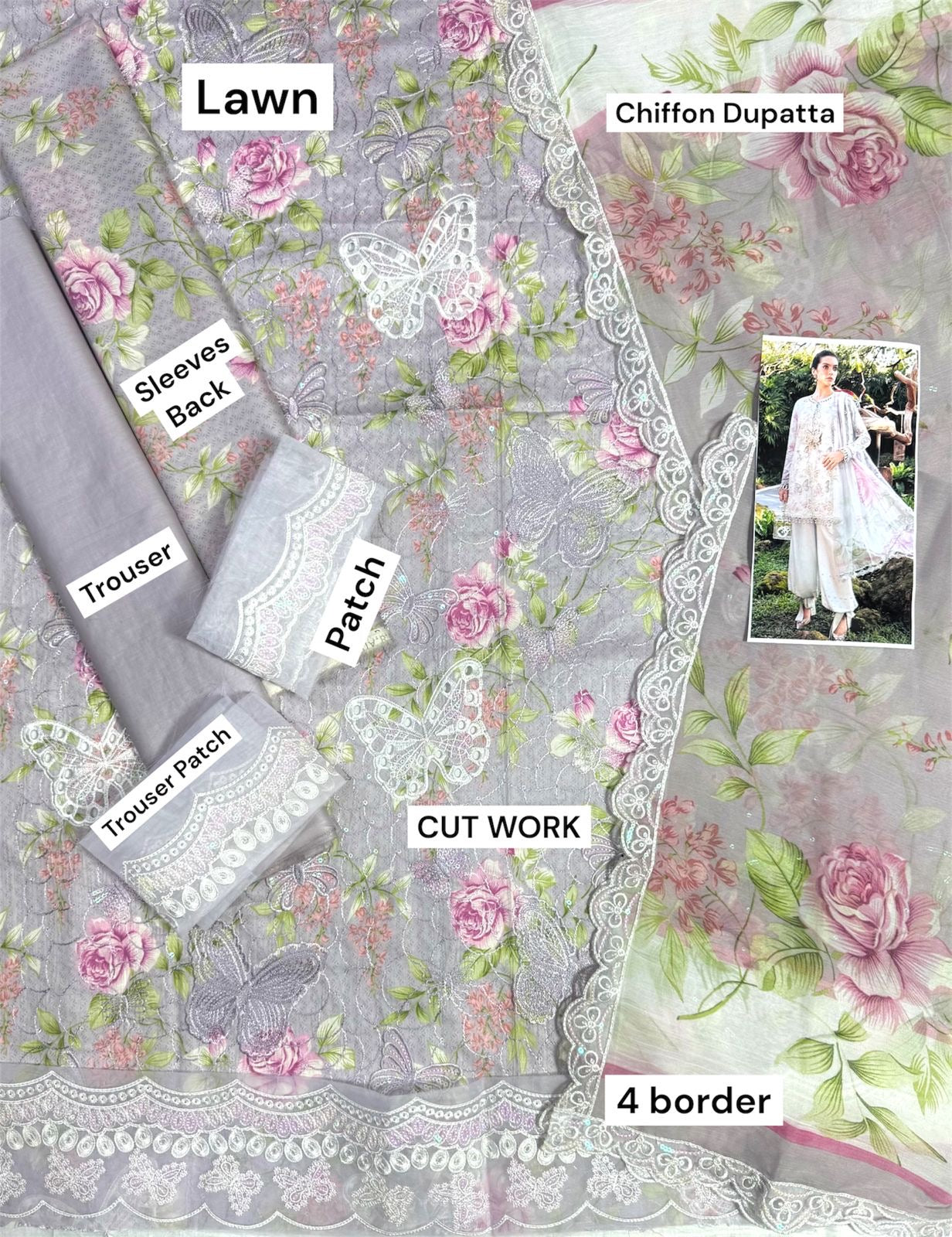 MARIA B  UNSTITCH LAWN EMBROIDERED 3PC (E260)