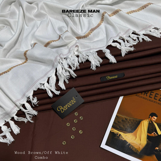 Men’s Premium Woolen Wash&Wear with wool shawl (Wood Brown&off white)